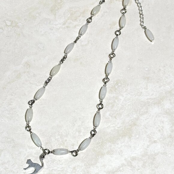 Genuine Milky Quartz Short Necklace, Natural Gemstone w/ Cute Slim Cat Pendant - Picture 4 of 15